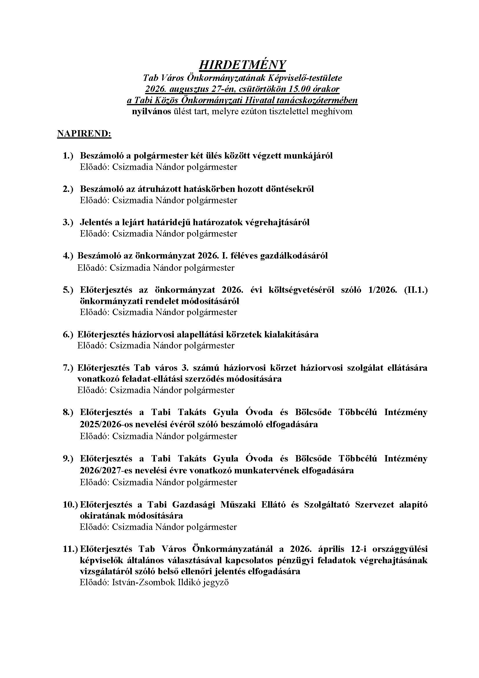 Hirdetmény Nyílt ülésről 2026. augusztus 27.